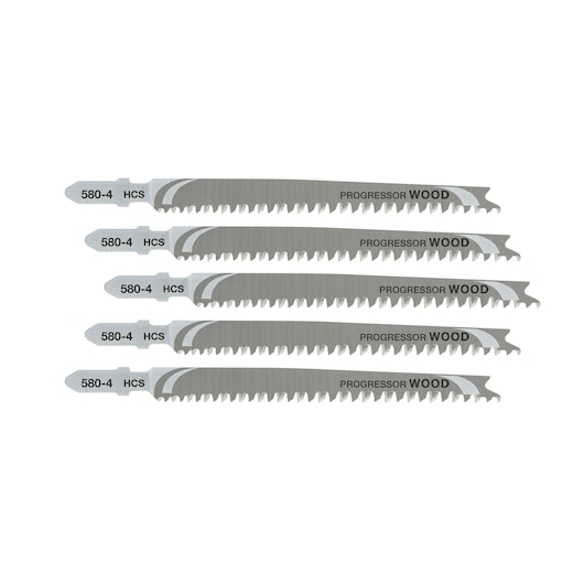 Five DEWALT Progressor Wood jigsaw blades, model 580-4 HCS, arranged in a horizontal stack on a white background.