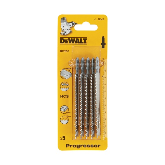 Pack of five DEWALT DT2057 Progressor jigsaw blades for wood, displayed in yellow packaging with product details and diagrams.