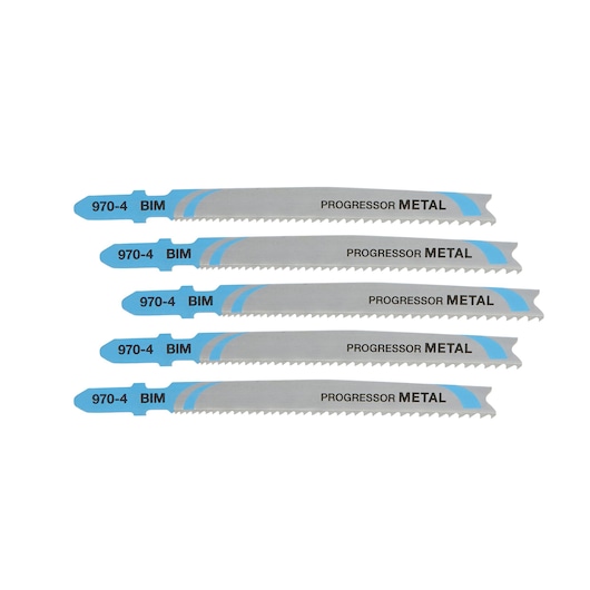 Five DEWALT DT2058 jigsaw blades for cutting metal, arranged in a row. The blades are silver with blue accents and labeled '970-4 BIM' and 'PROGRESSOR METAL'.