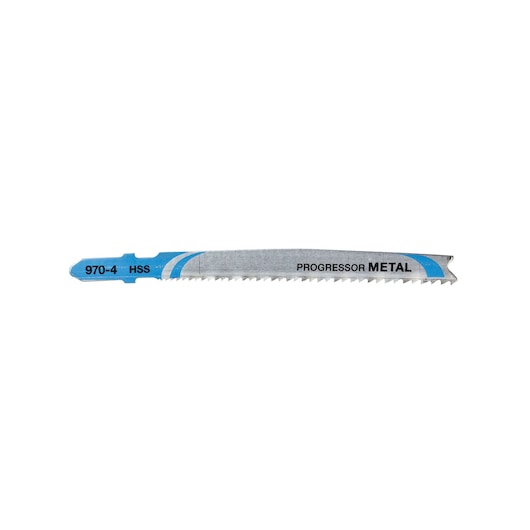 A DEWALT DT2058 metal cutting jigsaw blade with blue markings and text reading '970-4 HSS' and 'PROGRESSOR METAL'.
