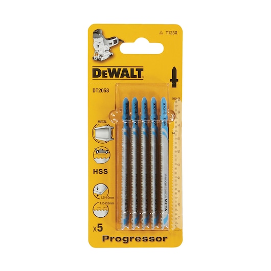 Pack of five DEWALT DT2058 Progressor jigsaw blades for metal cutting, high speed steel (HSS), shown in yellow retail packaging with product information and icons.