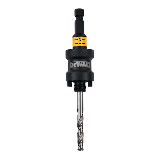 DEWALT hole saw arbor with pilot drill bit, model DT20626, shown upright on a white background.