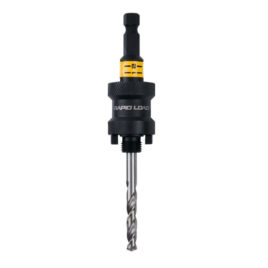 DEWALT DT20626 Rapid Load drill bit holder with a metal drill bit, featuring a black body, yellow label, and hexagonal shank.