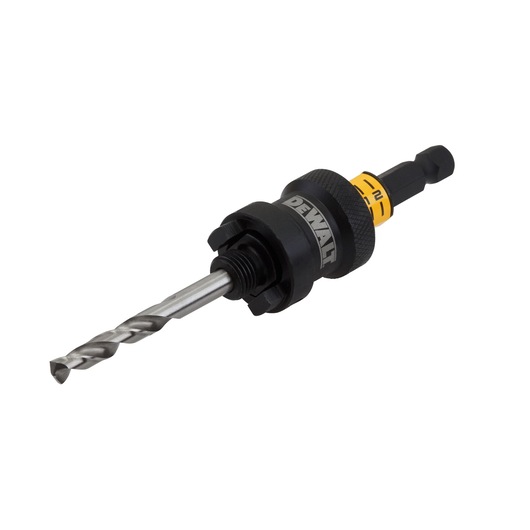 A DEWALT drill bit accessory featuring a twist drill bit and a quick-change shank, designed for use with power drills.