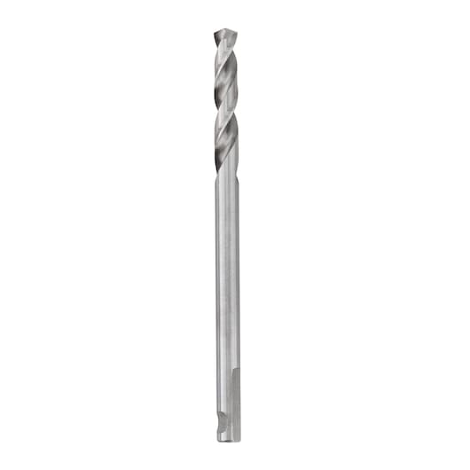 A metal drill bit with spiral flutes, shown vertically on a white background.