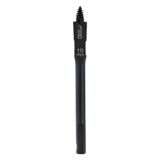 A DEWALT 10 mm (3/8 inch) black spade drill bit with a threaded tip, shown vertically on a white background.