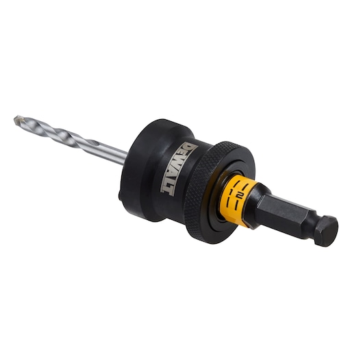 DEWALT DT20631 drill bit adapter for power tools, black and yellow, with hex shank and depth indicator.