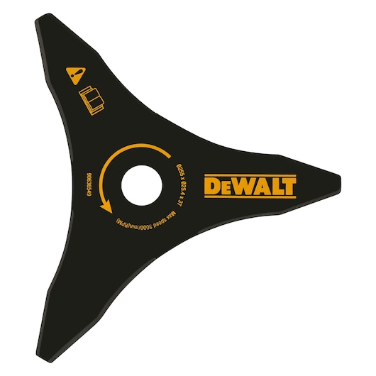 DEWALT DT20653 black three-tooth brush cutter blade with yellow markings and branding, used for cutting dense grass or brush.