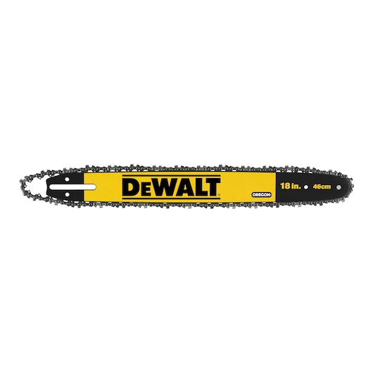 DEWALT 18-inch (46 cm) chainsaw guide bar and chain with yellow and black design, shown on a white background.