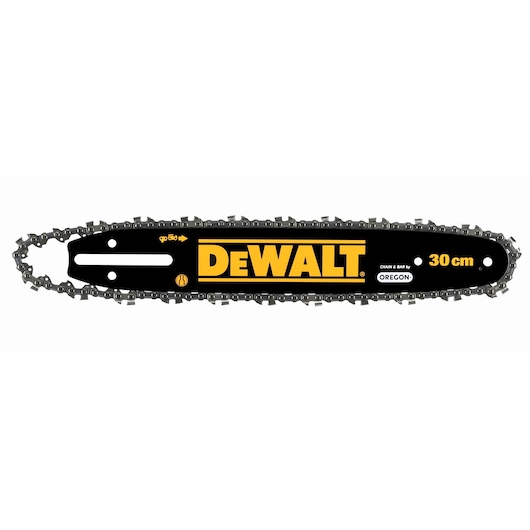 DEWALT 30 cm chainsaw bar and chain, black with yellow DEWALT logo and Oregon branding, shown against a white background.
