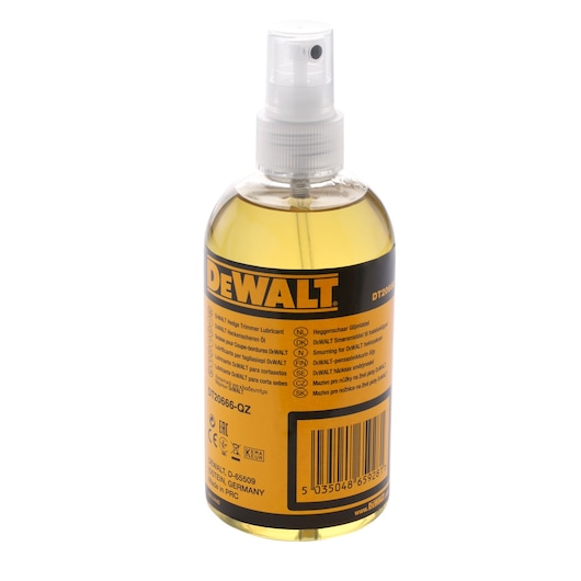 Photo of DEWALT hedge trimmer lubricant spray, yellow label, SKUs DT20666 and DT20666-QZ, white background.