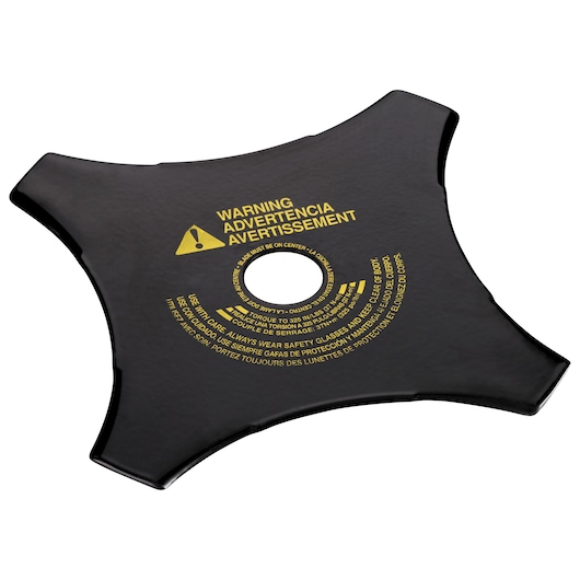 DEWALT DT20680 four-tooth metal brush cutter blade, black with yellow warning text, featuring a central mounting hole and four cutting edges.