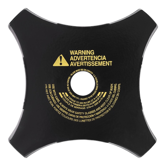 A DEWALT DT20680 four-pointed black cutting blade with a central hole and yellow safety warnings printed on the surface in multiple languages.