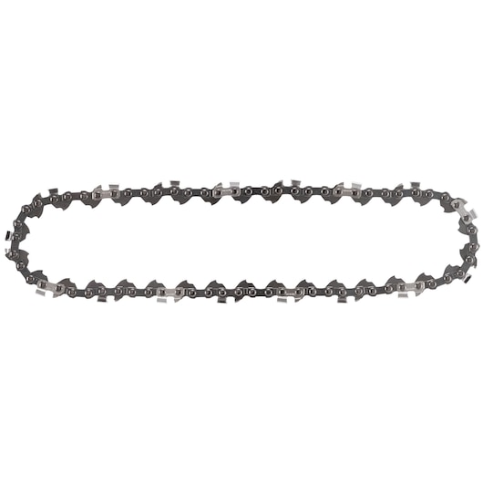 Close-up image of a DEWALT chainsaw chain, model DT20681, arranged in an oval shape against a white background.