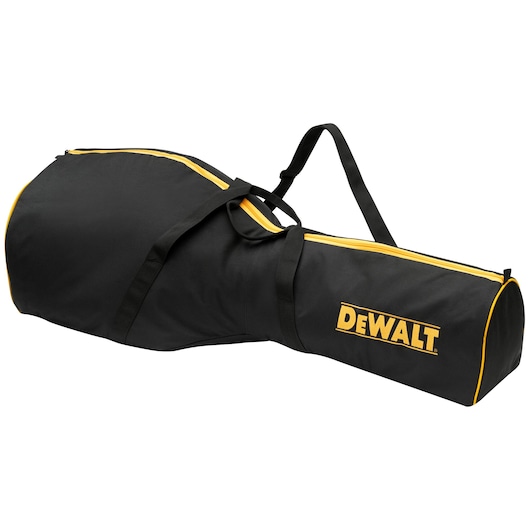A black DEWALT-branded padded carrying bag with yellow accents and a shoulder strap, designed to hold and transport large equipment or tools.