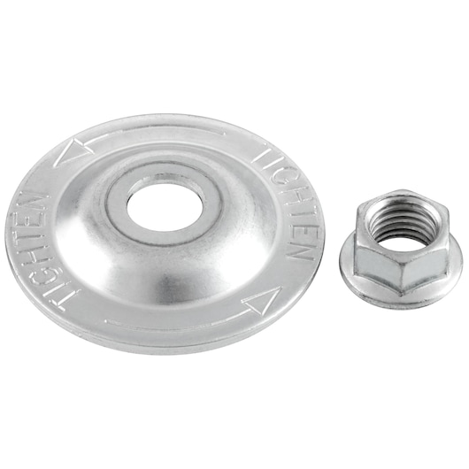 A close-up image of a DEWALT metal washer with 'TIGHTEN' written on it and an arrow, next to a matching hex nut. The washer has a central hole and a slightly convex shape.