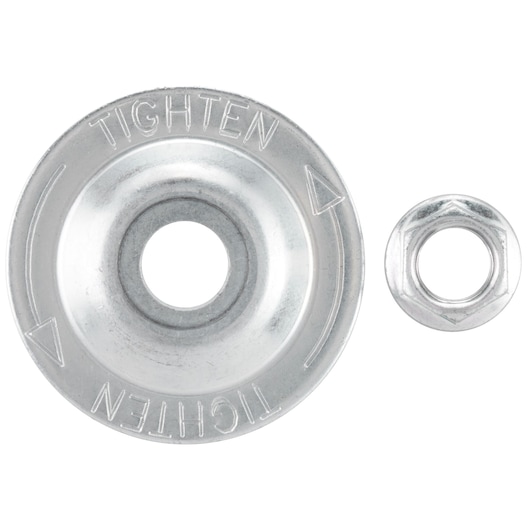 Two metal fastening components, one large circular washer with the word 'TIGHTEN' and directional arrows engraved on it, and one smaller hexagonal nut, both displayed against a white background.