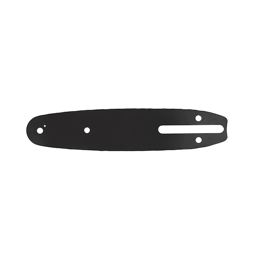 A black chainsaw guide bar with multiple mounting holes, photographed on a white background.