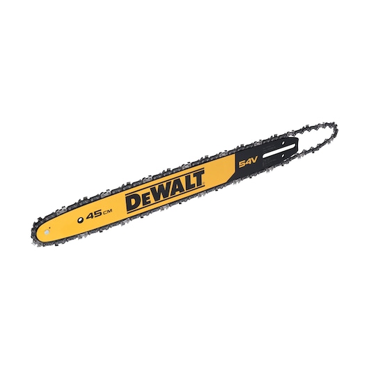 A DEWALT 45 cm chainsaw bar with chain, featuring yellow and black coloring and 54V marking.