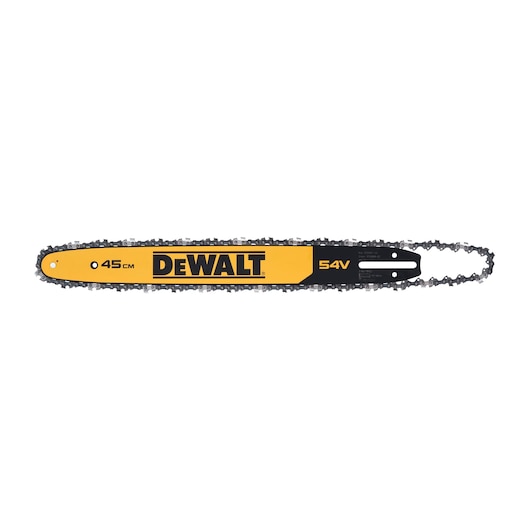 A DEWALT branded chainsaw bar with chain, measuring 45 cm, featuring yellow and black design, and marked 54V.
