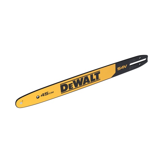 A DEWALT 45 cm chainsaw bar, yellow and black in color, marked with 54V, displayed against a white background.