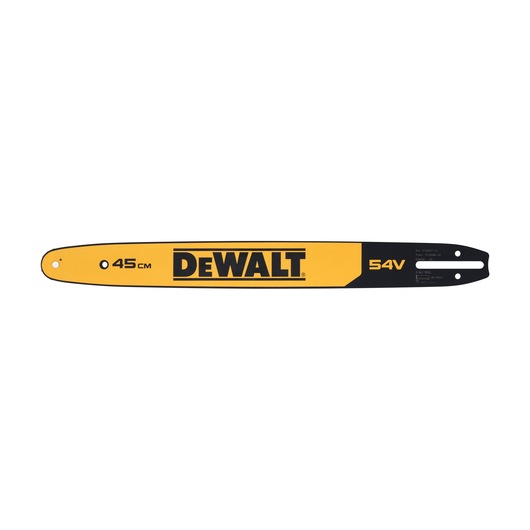 A yellow and black DEWALT chainsaw bar with 45 cm length marking and 54V label.