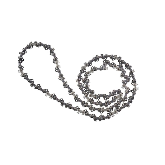 A coiled chainsaw chain with metal links, photographed on a white background.