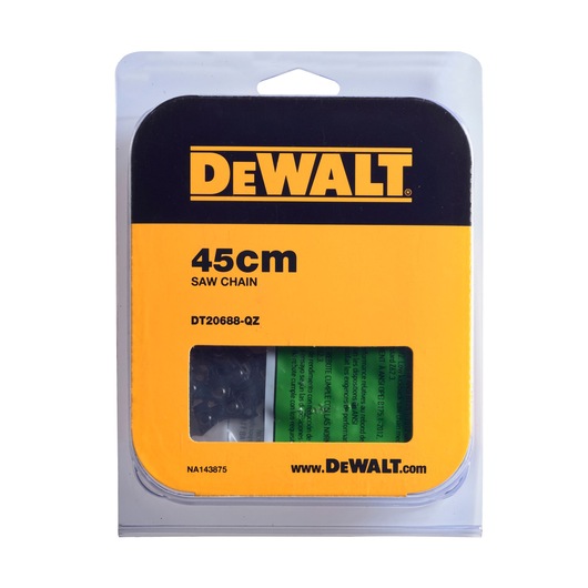 Packaged DEWALT saw chain for a 45 cm chainsaw, model DT20688-QZ, shown in a yellow and black blister pack with branding and product details visible.