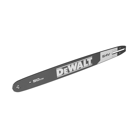 A DEWALT branded chainsaw bar, 50 cm in length, labeled for 54V use. The bar is black with silver detailing and product markings.