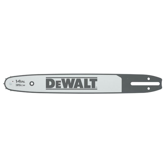 A DEWALT branded chainsaw guide bar, 14 inch (35 cm) in length, model DT20691, shown on a white background.