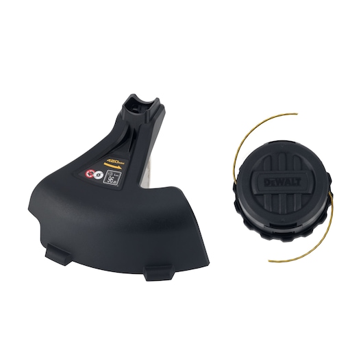 A DEWALT trimmer accessory set, featuring a black protective guard and a replacement spool with yellow trimming line, placed on a white background.