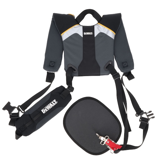 DEWALT branded padded harness and waist support set, shown with adjustable straps and a black cushioned pad. The set is designed for comfort and support during heavy-duty tasks.