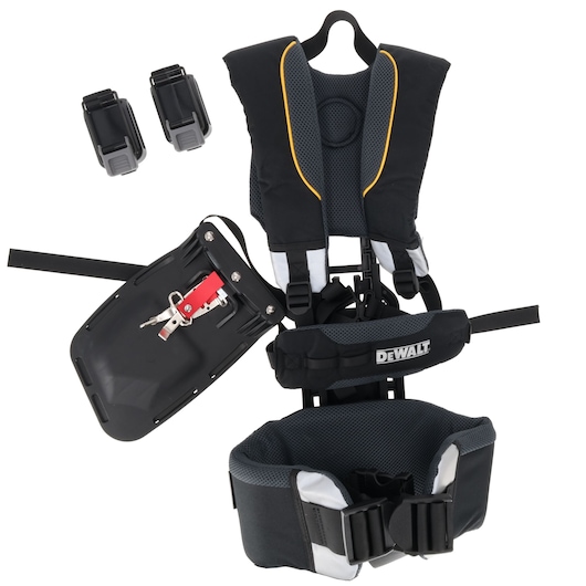 DEWALT branded harness system accessory set, including a padded vest with adjustable straps, a waist belt, a hip support, and a black plastic tool holster with a red locking mechanism. Two additional black clip-on accessories are shown alongside the harness.