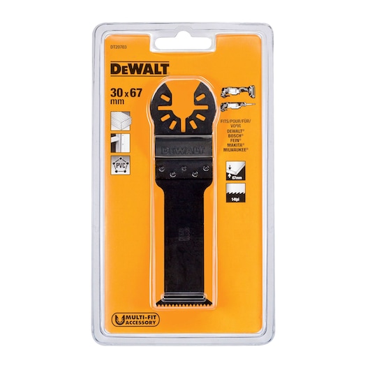 DEWALT DT20703 saw blade accessory in packaging, 30x67 mm, compatible with multi-tool brands.
