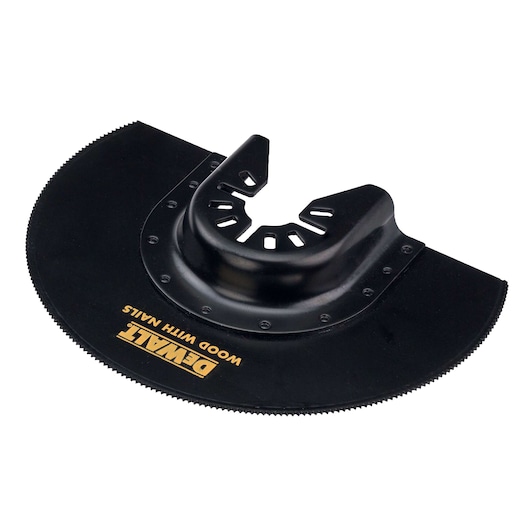 DEWALT DT20710 black circular saw blade for cutting wood with nails, designed for oscillating tools.