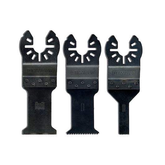 Three DEWALT DT20713 oscillating multi-tool blades for cutting wood, shown side by side on a white background.