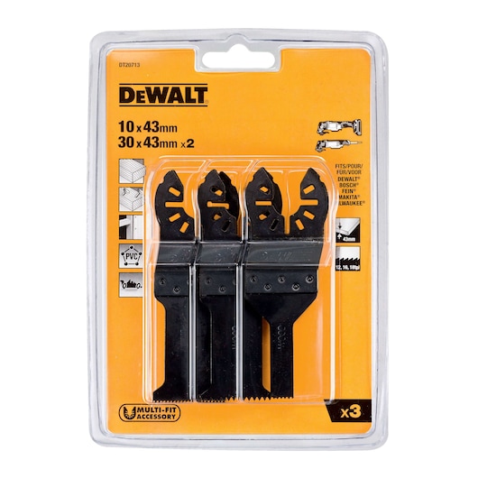 DEWALT DT20713 pack with three multi-fit oscillating tool blades in clear plastic packaging.