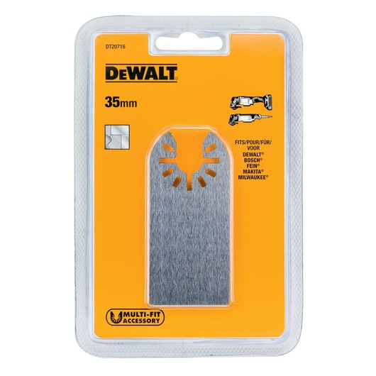 DEWALT DT20716 35mm multi-fit accessory blade in yellow retail packaging, compatible with various brands.