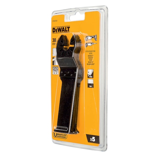 DEWALT DT20724 30mm multi-fit accessory blades, pack of 5, in sealed orange retail packaging.