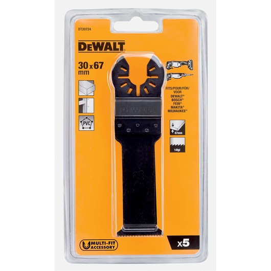 DEWALT DT20724 multi-fit saw blade, 30x67 mm, for wood and PVC. Pack of 5 blades in blister packaging.