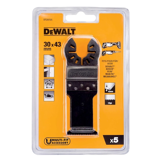 A DEWALT branded package containing a multi-fit accessory saw blade, model DT20725. The packaging is yellow and black and indicates the blade size is 30 x 43 mm. The pack includes five blades suitable for cutting wood and PVC, and compatible with DEWALT, Bosch, Fein, Makita, and Milwaukee tools.