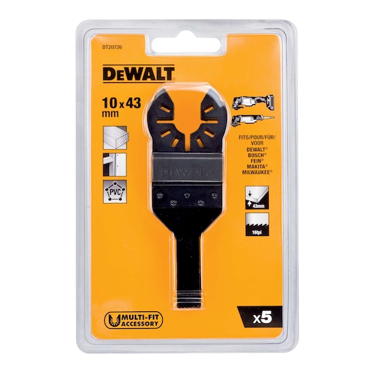 DEWALT blade pack for multi-tools, 10x43mm, 5pcs. SKU DT20726-QZ, DT20726. Photography category.