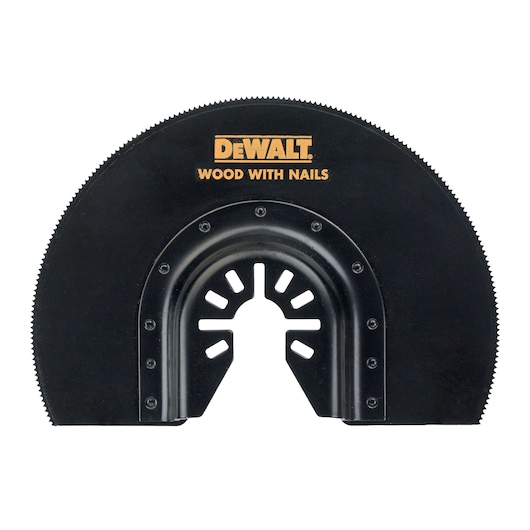 DEWALT oscillating tool blade for cutting wood with nails, black, semicircular shape, model DT20729.