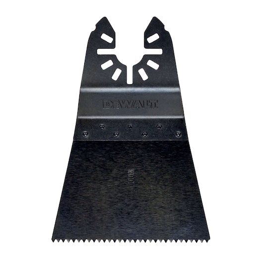DEWALT oscillating multi-tool scraper blade, black, with saw teeth for removing materials.