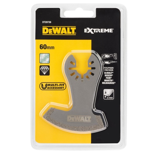 DEWALT DT20739 60mm multi-fit accessory pack for oscillating tools, shown in branded packaging.