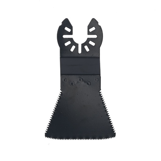 A black, triangular oscillating multi-tool saw blade designed for cutting, photographed against a white background.