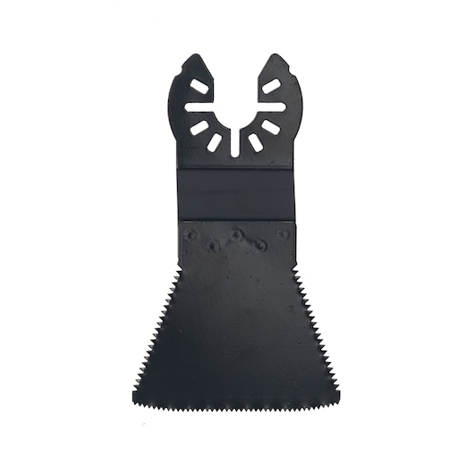 A DEWALT oscillating multitool blade attachment with a wide, triangular blade and serrated edges, designed for cutting and scraping applications.