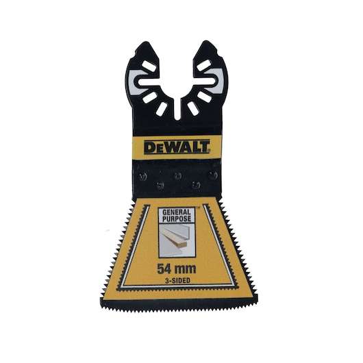 DEWALT general purpose 54 mm 3-sided oscillating multitool blade with black and yellow design, suitable for cutting various materials.