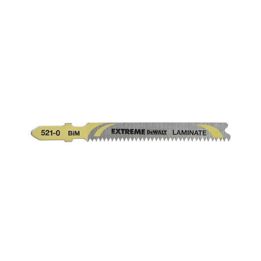 DEWALT DT2080 jigsaw blade for laminate, metal body, yellow markings, toothed edge.
