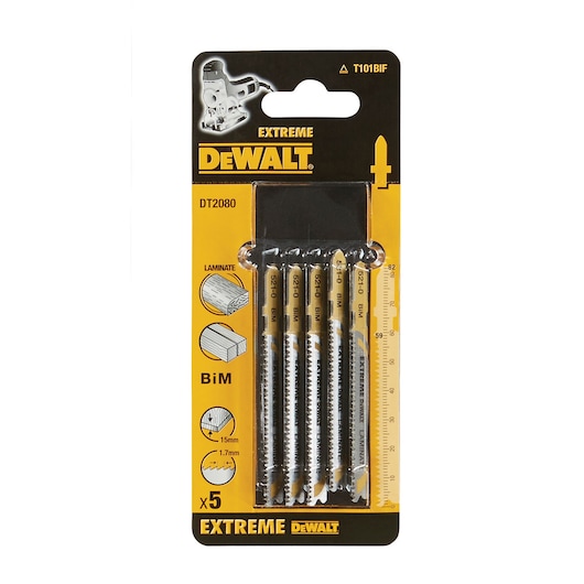 DEWALT DT2080 pack of 5 jigsaw blades for laminates, suitable for precise cutting tasks, BiM material.